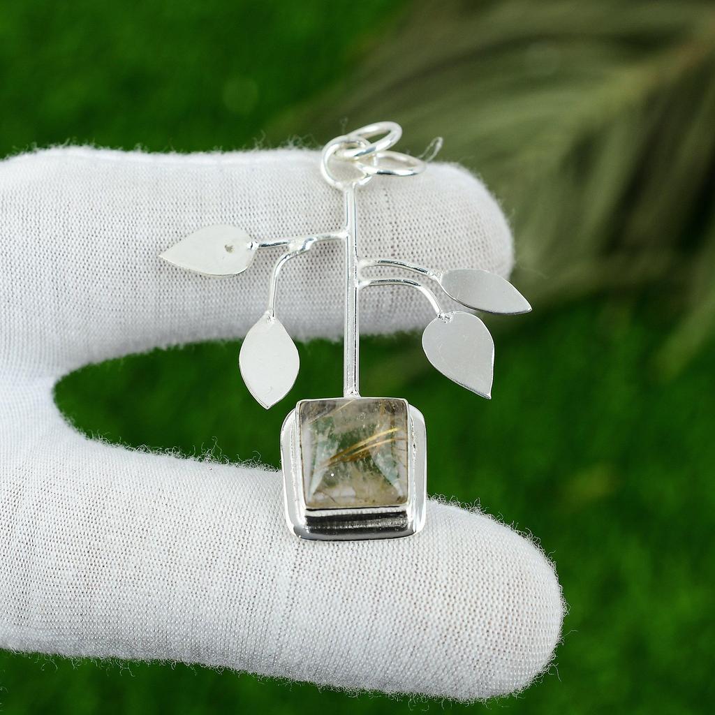 Gift For Her 925 Sterling Silver Natural Golden Rutile Gemstone Jewelry Pendant