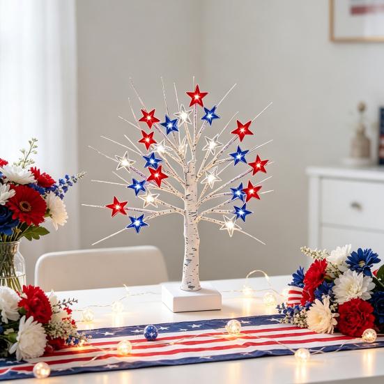 Independence Day LED Star Tree Decoration 18/24-Inch Patriotic Tabletop Light with 24 Red White Blue Stars 8 Modes Timer USB & Battery Powered 4th of