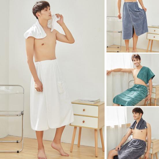 2Pcs/Set Men Bath Towel Adjustable Shower Wrap And Absorbent Towel Wearable Towel Skirt with Pocket for Gym Beach Sauna Spa