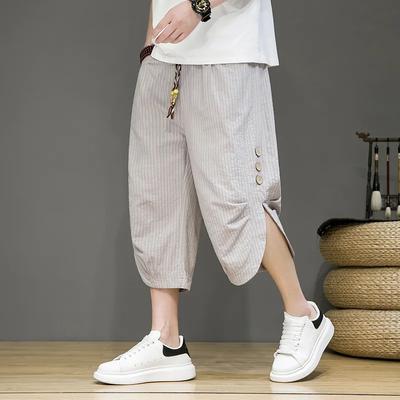 Mens Summer Thin Striped Casual Pants Plus Size Loose Wide Leg 7 Points Harlan Pants