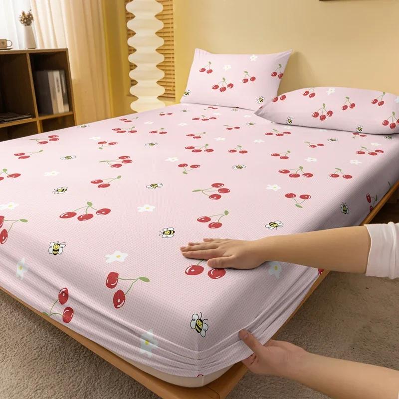 Cartoon 1 Cute Fruit Cherry Bee Printed Matte Fitted Sheet, Bedroom Printed Bed Cover, Bedding Excluding Pillowcases