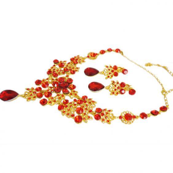 Party Red Color Golden Alloy Bridal Wedding Pendant Necklace Earrings Set