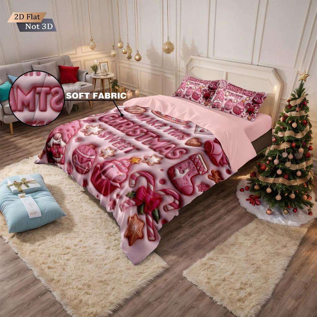 3pcs Pink Imitation Bedding Set Relief Christmas Dwarf Print Coreless Duvet Cover Set Soft Dormitory Bedroom Decor Multiple Size