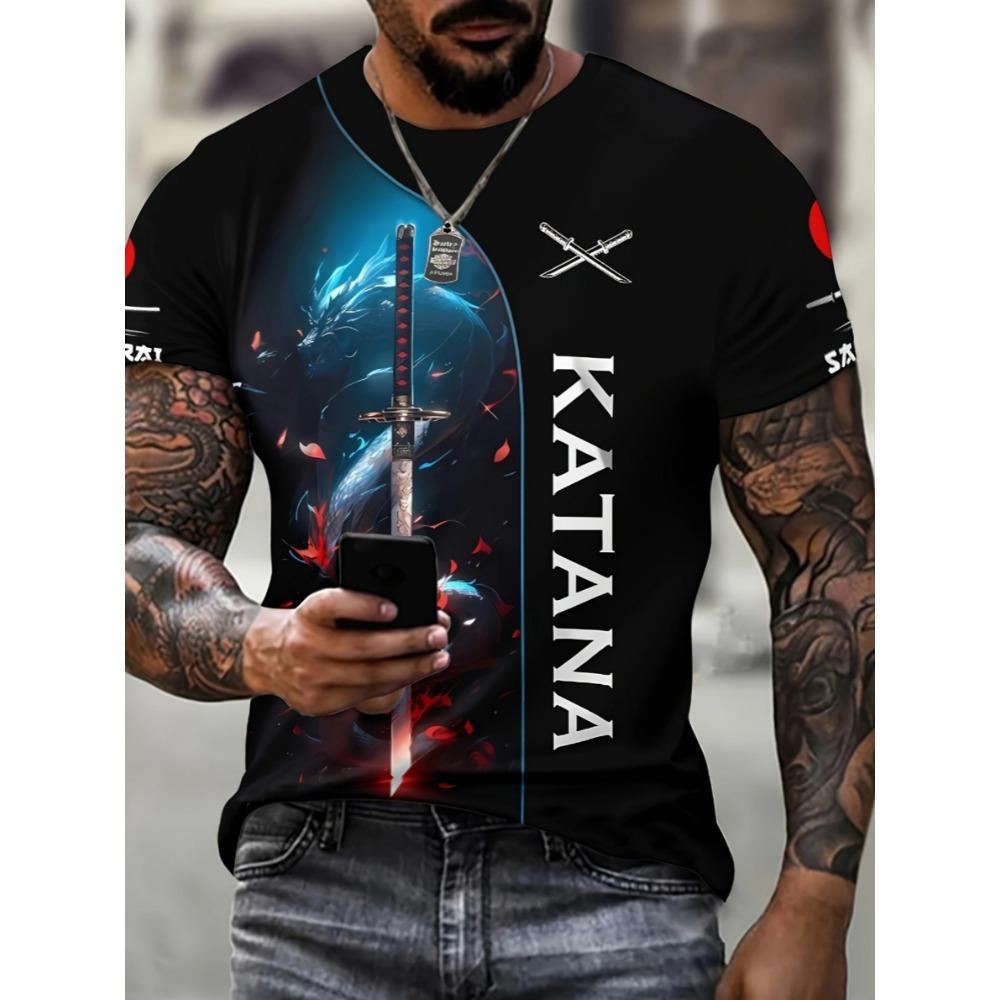 Men's Japanese samurai sword cherry blossom print T-shirt