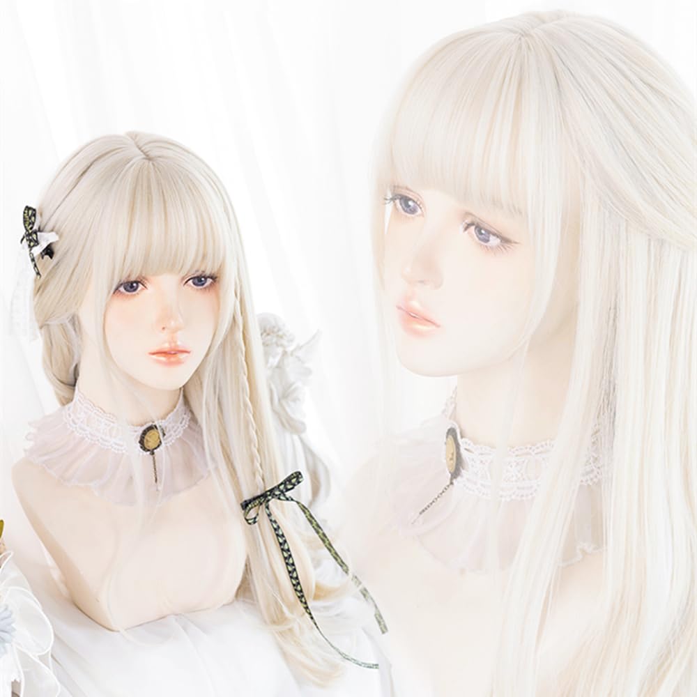 RyuuCos Lolita Langes Lockiges Haar mit Geraden Weißen und mit Weißem und Goldenem Akzent Hitze Perfekt für und Schule und Kulturelle Perücke, Pony, Gold, Farbe,
