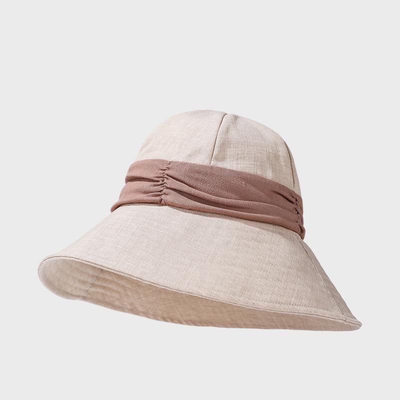 Cotton Linen Lightweight Breathable Fisherman Hat Women s Summer Color-Matching Pleated Sunshade Hat бежевый