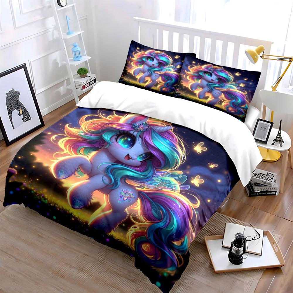 Enchanted Glowing Unicorn Flying At Night Printed Duvet Cover Set1 Duvet Cover+2 Pillowcasemulti Size Bedroom Bedding Decor