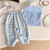 Summer Children's Blue Plaid Suit  Sleeveless Top with Bow, Wide-leg Pants, and Crossbody Bag, Three-piece Set