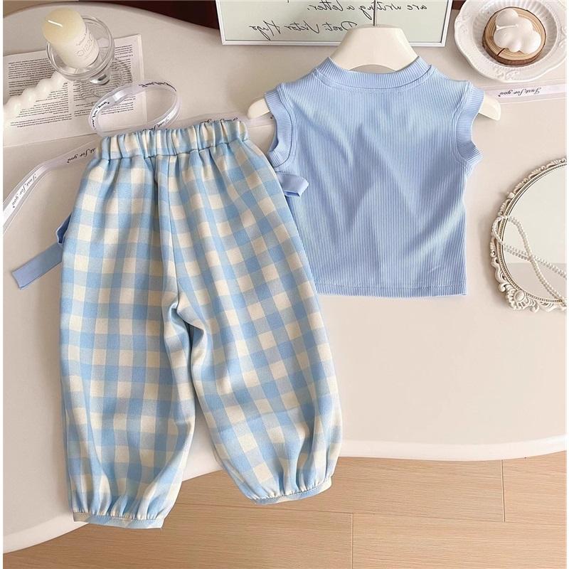 Summer Children's Blue Plaid Suit Sleeveless Top with Bow, Wide-leg Pants, and Crossbody Bag, Three-piece Set