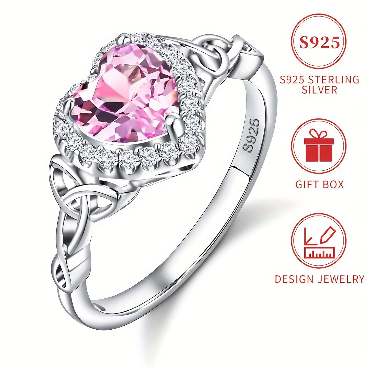 925 sterling silver Celtic knot heart-shaped ring inlaid with pink cubic zirconia, sterling silver ring for women jewelry Size6