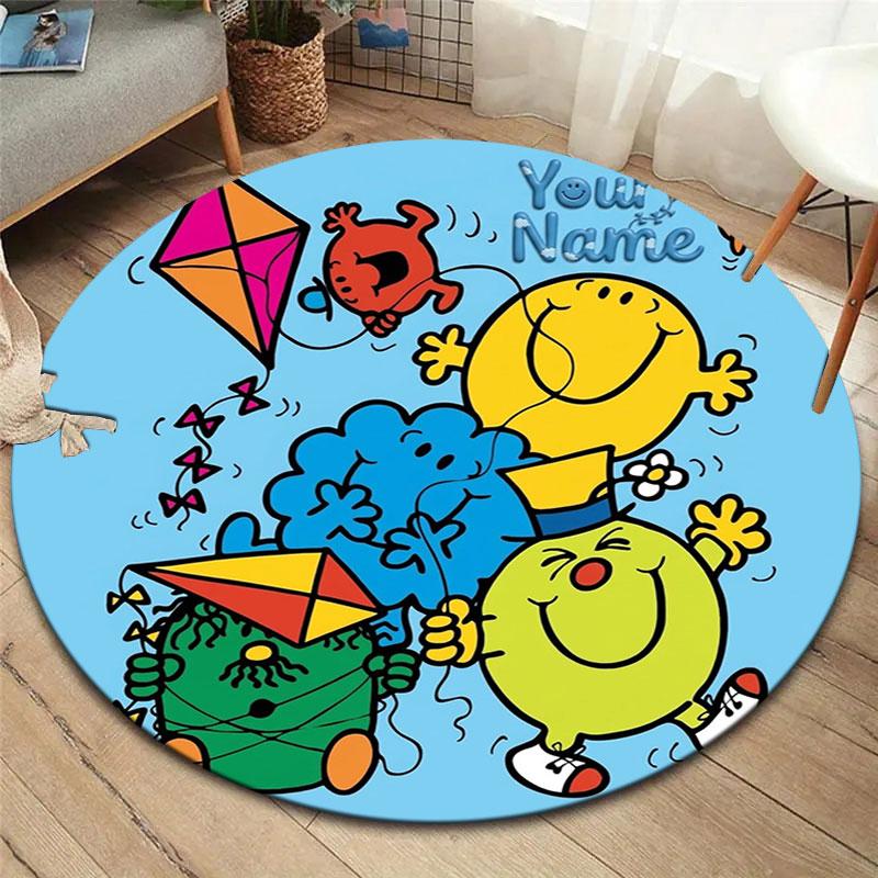 Mr. Men Little Miss Custom Name Round Area Rug,Carpet Rug for Living Room Bedroom Sofa Playroom Decor,Non-slip Floor Mat