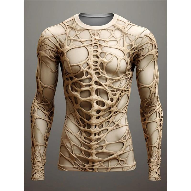 Summer Round Neck 3D Skull Pattern Printed Top, Fashionable and Casual Men's Long Sleeved T-shirts