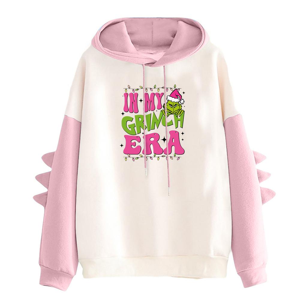 Women's Christmas Printed Contrasting Dinosaur Loose Casual Hoodie