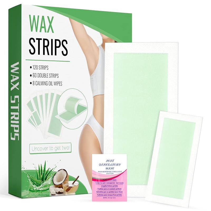 120 Strips Wax Strips Body Hair Removal 2 Sizes and 8 Oil Wipes Waxing Strip Dual Sides Bikini Brazilian Wax for Women Men Face Arms Legs Aloe