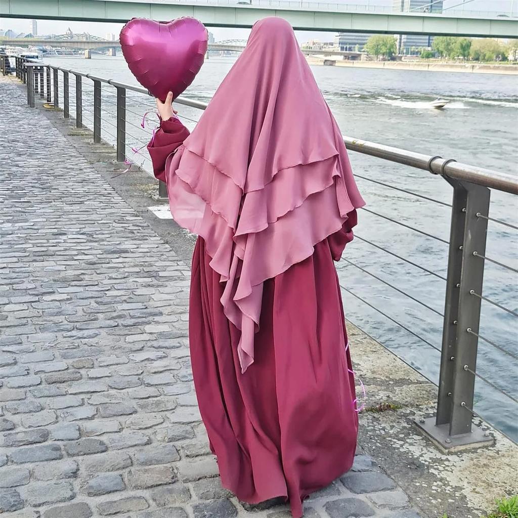 Plain Three Layer Chiffon Hijab Prayer Khimar Solid Color Arabian Turkiye Shawl Headscarf 136X120Cm