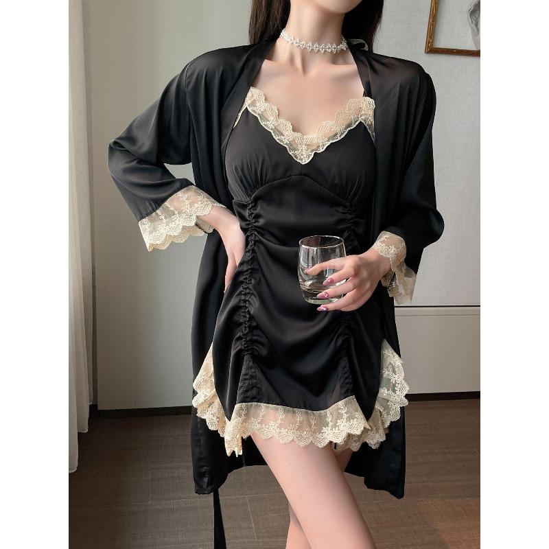 Pajamas Women's Summer Ice Silk Nightgown Two-piece Set High-end New Pure Desire Sexy Loungewear Spring and Autumn