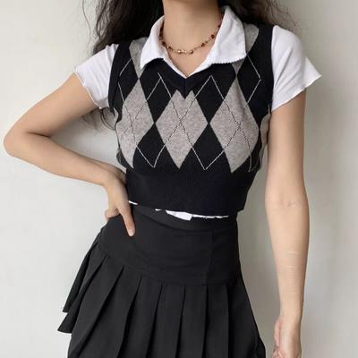 Jaro Léto Bez rukávů Pletené Tričko Dámské Vesty Módní Dámské Ležérní Kostkované Pletené Tílka Sexy Crop Topy Dámská Tílka