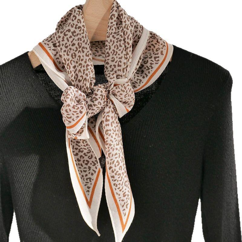Elegant Silk Wool Blend Square Scarf With Leopard Print Lightweight Accessory Women