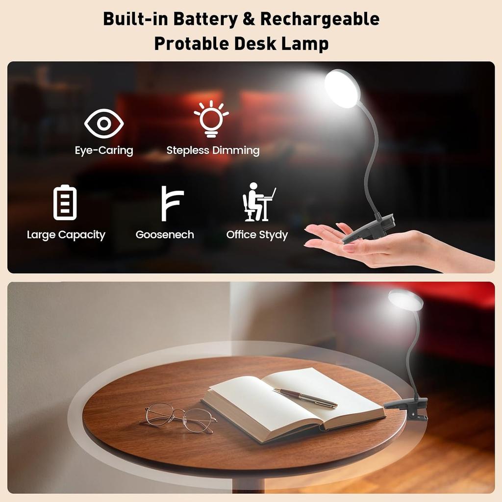 Cordless Rechargeable Clip On Desk Lamp Thick Flexible 360° Gooseneck | 450 Lumen Eye Protect Light,30 Custom Lighting Modes,5-30H Long Life Battery