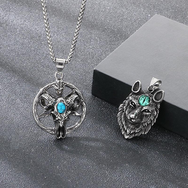 Vintage Turquoise Pentagram Satan Ram Accessories, Viking Bear Claw Cat'S Eye Stone Wolf Head Titanium Steel Men'S Pendant
