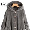Solid Color Women Jacket Plush Coat Hooded Long Sleeve Side Buttons Hem Single Breasted Mid-length Casual with Pockets Loose Fit Velvet Winter