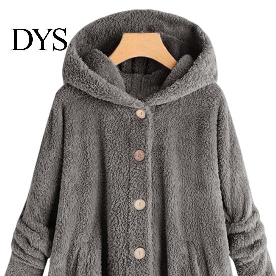 Solid Color Women Jacket Plush Coat Hooded Long Sleeve Side Buttons Hem Single Breasted Mid-length Casual with Pockets Loose Fit Velvet Winter