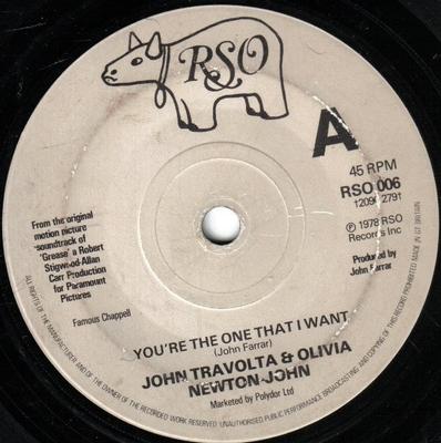 7inch Record JOHN TRAVOLTA  OLIVIA NEWTONJOHN  Youre The One That I Want RSO006 RSO 1978 UK Pop Used