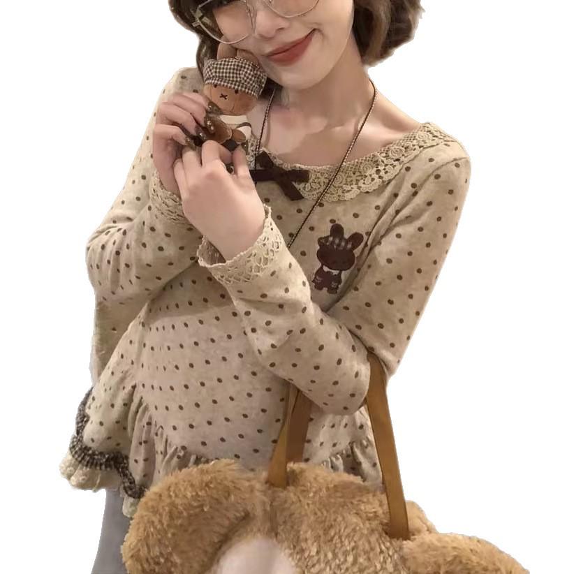 Women's Japanese Polka Dot Ruffle Lace Collar Pullover for Autumn/Winter - New Slim-Fit Versatile Top