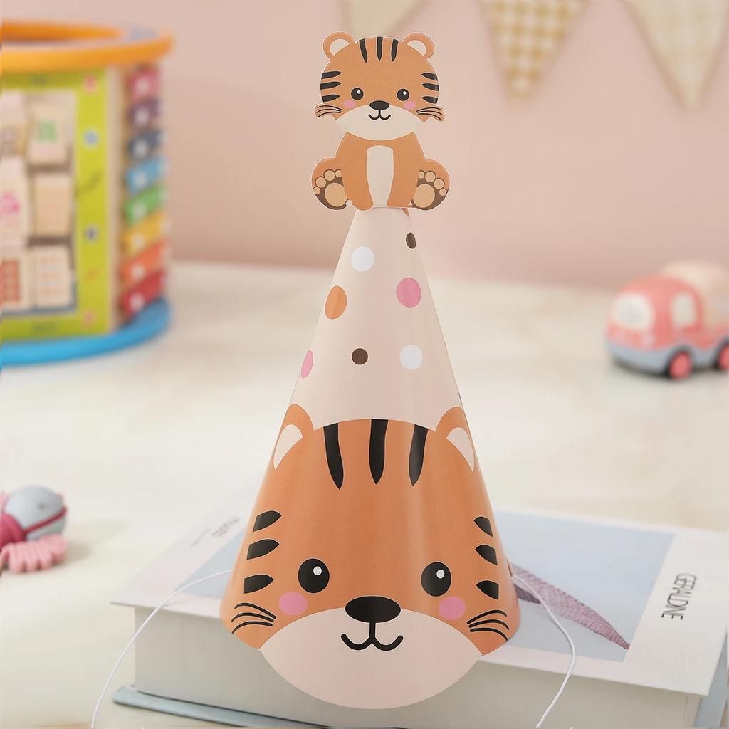 6pcs Forest Animal Jungle Party Decoration Birthday Hat Tiger Elephant Lion Giraffe Monkey Zebra Photo Props Headdress Kids Boys