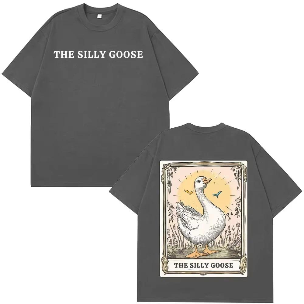 The Silly Goose Tarot Card Double Sided T-Shirt Funny Animal Meme Casual Black Cotton Unisex Women And Men T-shirts