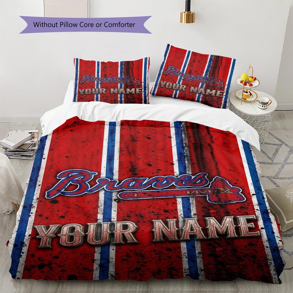 Name Custom Atlanta Braves Pattern Bedding Set Quilt Cover Pillowcase Home Decor Gift (1 * Duvet Cover + 2 * Pillowcase, Without Core)