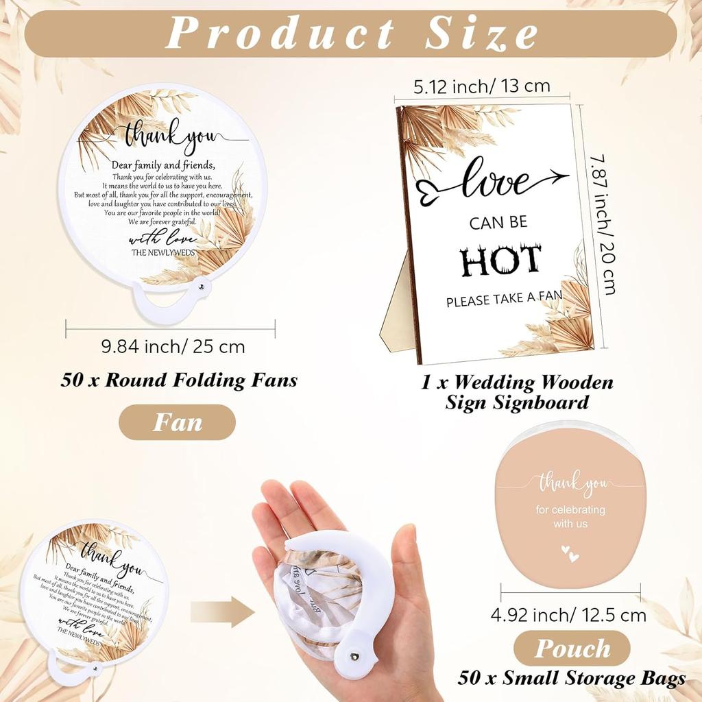 Wenqik 50 Pcs Wedding Fan for Guests and 1 Love Is Hot Sign Wooden Wedding Table Sign Folding Hand Round Shaped Folding Fan with Plastic Handle and