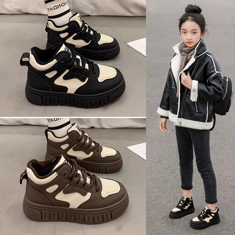 Girls velvet cotton shoes 2025 winter new versatile girls board shoes student casual shoes middle and older children's sports shoes