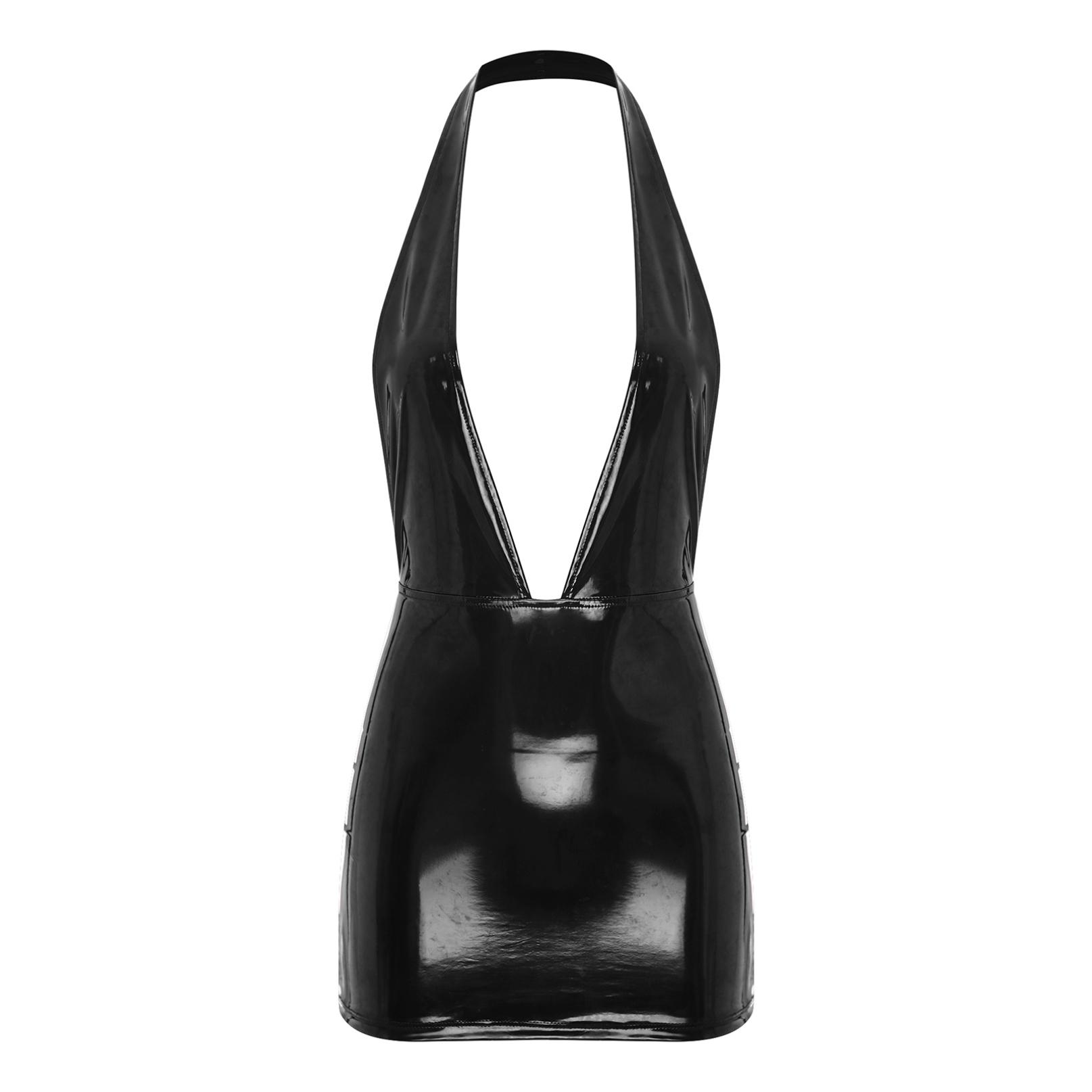 

Жіночі блискучі лаковані шкіряні міні-сукні з глибоким V-подібним вирізом без рукавів, облягаючі клубні сукні для вечірок 4XL чорний