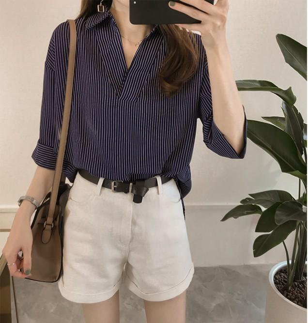 Spring and Summer New Large Size Korean Version Loose and Thin Striped Shirt Women's Seven-quarter Sleeve Top Versatile Hugh