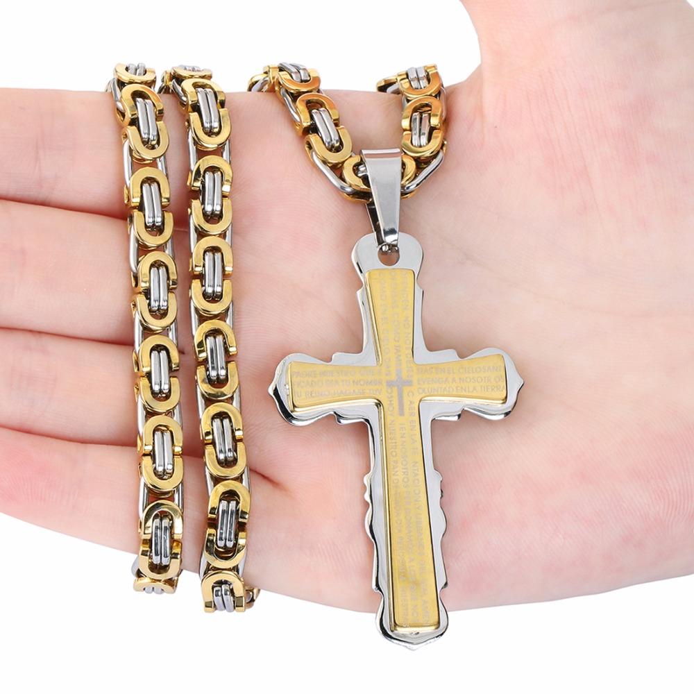 New Simple Cross Pendant Necklaces with Mystery Words Gold Color Stainless Steel Byzantine Chain Men Jewelry 6mm MN77