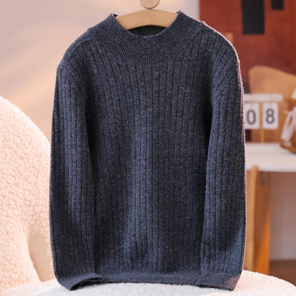 2025 A/W Kids' Ribbed Semi-High Neck Sweater - Warm Knitted Base for Boys & Girls