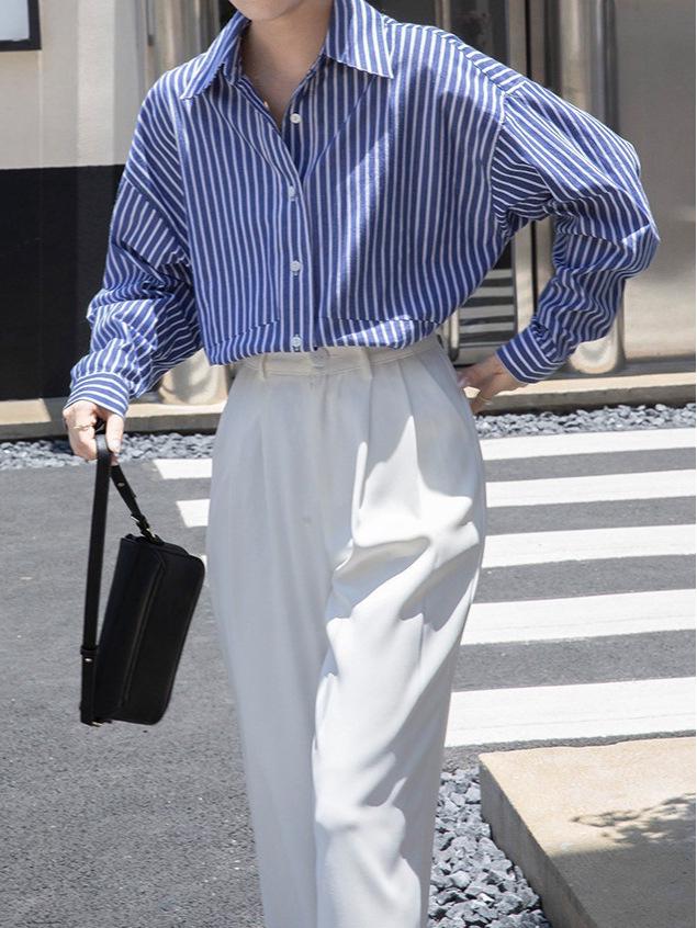 Damenhemd im koreanischen Stil, blau gestreift, locker - Frühjahrskollektion