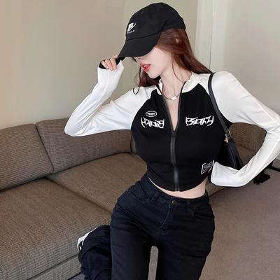 Spice Girl T-Shirt Damen Trendy Kurz Kontrastfarben Reißverschluss Eng und Dünn Langärmeliges Unterhemd Top