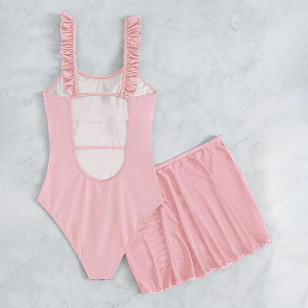 Women's Summer Solid Color Backless Tie Waist One-Piece Swimsuit with Skirt Two-Piece Set Swimwear Beachwear