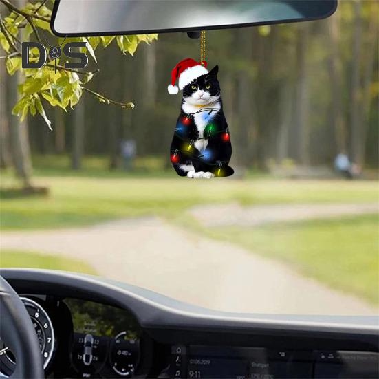 Christmas Cat Pendant Cartoon Cat with Santa Hat Ornament 2D Flat Acrylic Christmas Tree Decoration Cat Keepsake for Home Car Tree Decor