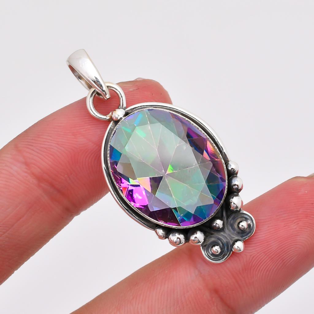 Rainbow Mystic Fire Topaz 925 Sterling Silver Pendant V7661, Rainbow Pendant, Oval Pendant, Valentin's Day Gift, Gift For Her, Birthday Gift, Handmade