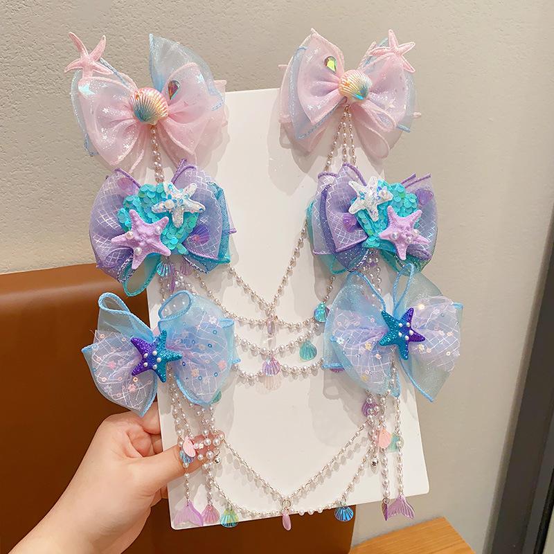 Girl's hair clip, little girl's bow, tassel, forehead chain, hair clip, children's super fairy mermaid princess clip, hair acces