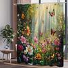 1Pc Pink Sunlit Garden Floral Shower Curtain With Butterflies , Vibrant Botanical Print For Serene Bathing Experience