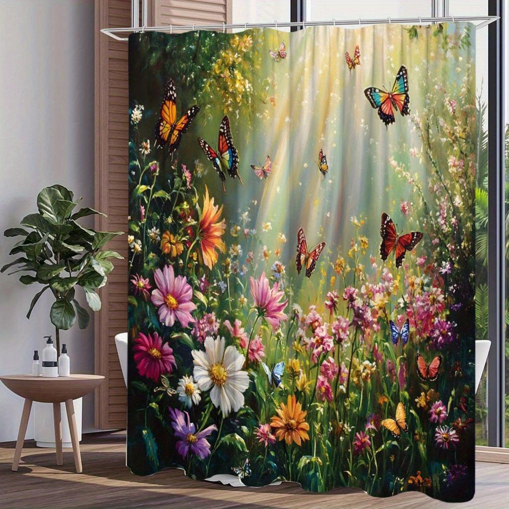1Pc Pink Sunlit Garden Floral Shower Curtain With Butterflies , Vibrant Botanical Print For Serene Bathing Experience