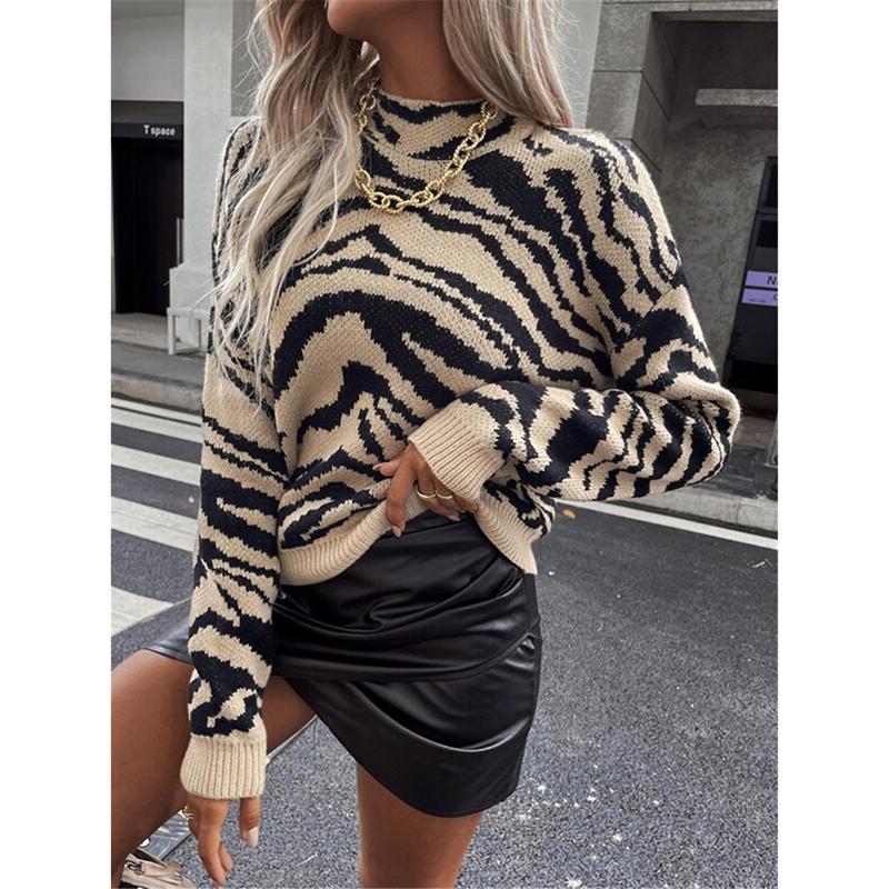 Casual Loose Knitted Zebra Striped Pullovers Sweaters for Autumn/Winter Women's Sweater New O-neck Full Sleeve Pullover