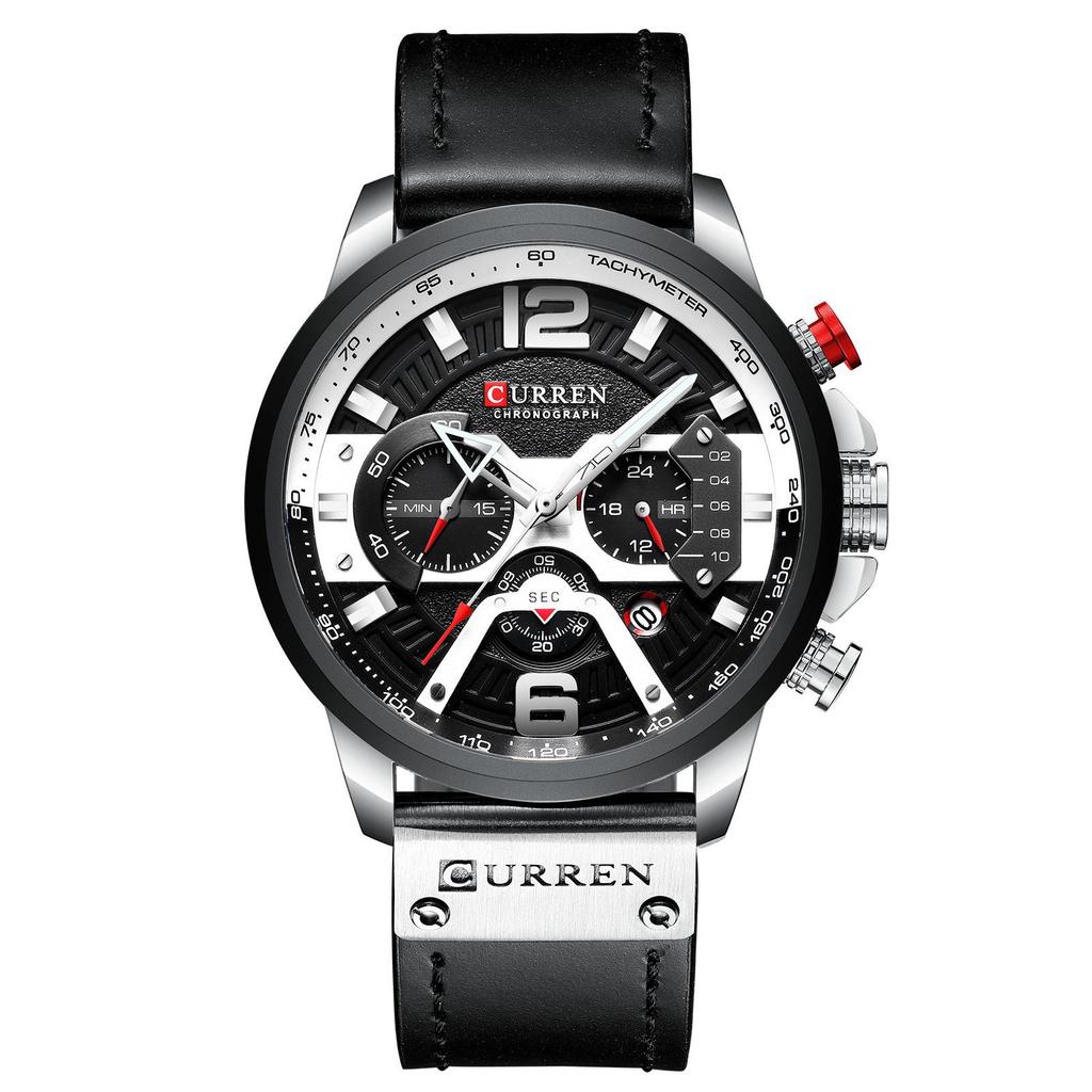 Curren 8329 Men's Six-Hand Quartz Watch with Leather Strap and Calendar
