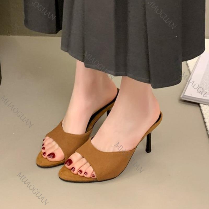 Fashion Elegant Suede Stilettos Slippers Women Round Toe Thin Heeled Slides Shoes Summer Outdoor Sexy Party Dress Solid Female Sandal
