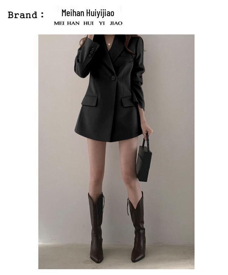 Women's Khaki Slim-Waist Suit Jacket - Korean & Hong Kong Style, Retro, Medium-Long for Spring & Autumn