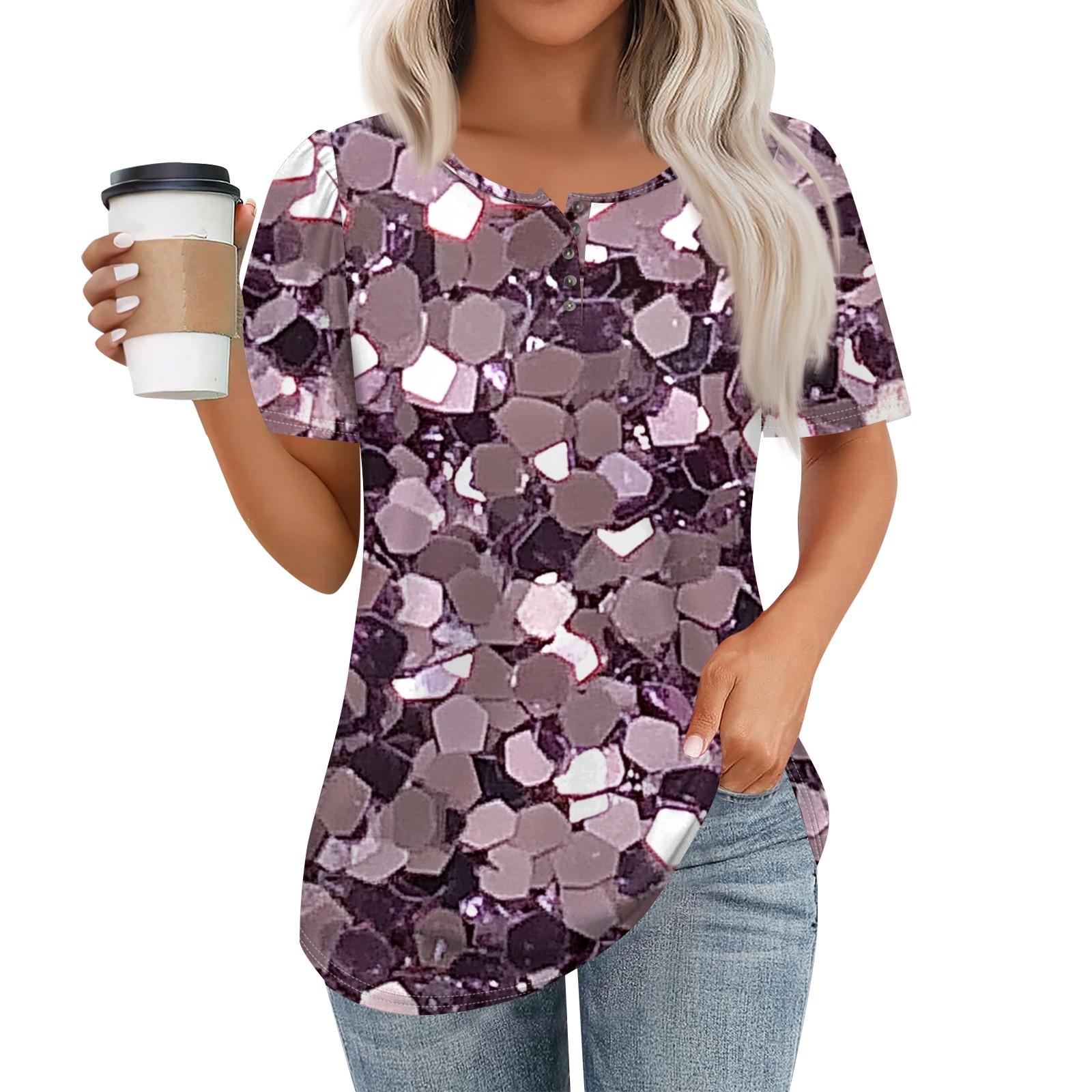 

Женский модный повседневный короткий рукав пуловер с принтом на пуговицах и круглым вырезом M фиолетовый